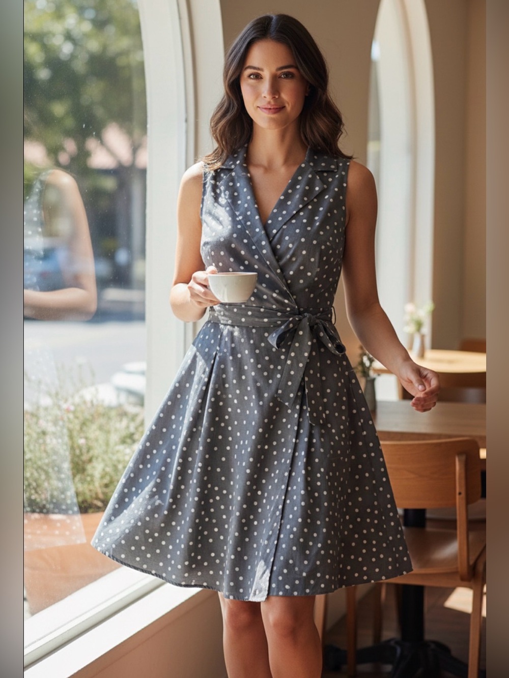 Evan Picone Women's 10 Gray Polka Dot Dress Belted Sleeveless‎ Cotton Classic